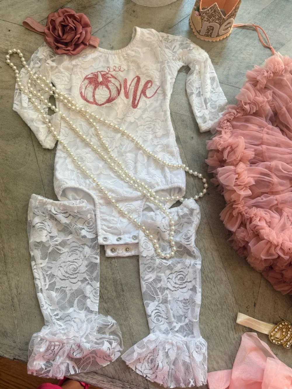 White Lace Baby Outfit with Rose Gold/Pink 